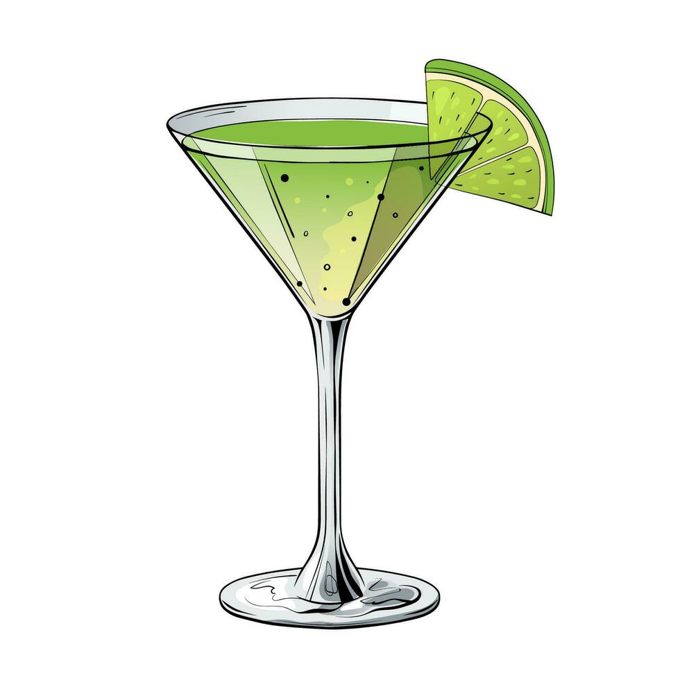 Kamikaze cocktail, hand drawn alcohol drink with lime slice. Vector illustration on white background