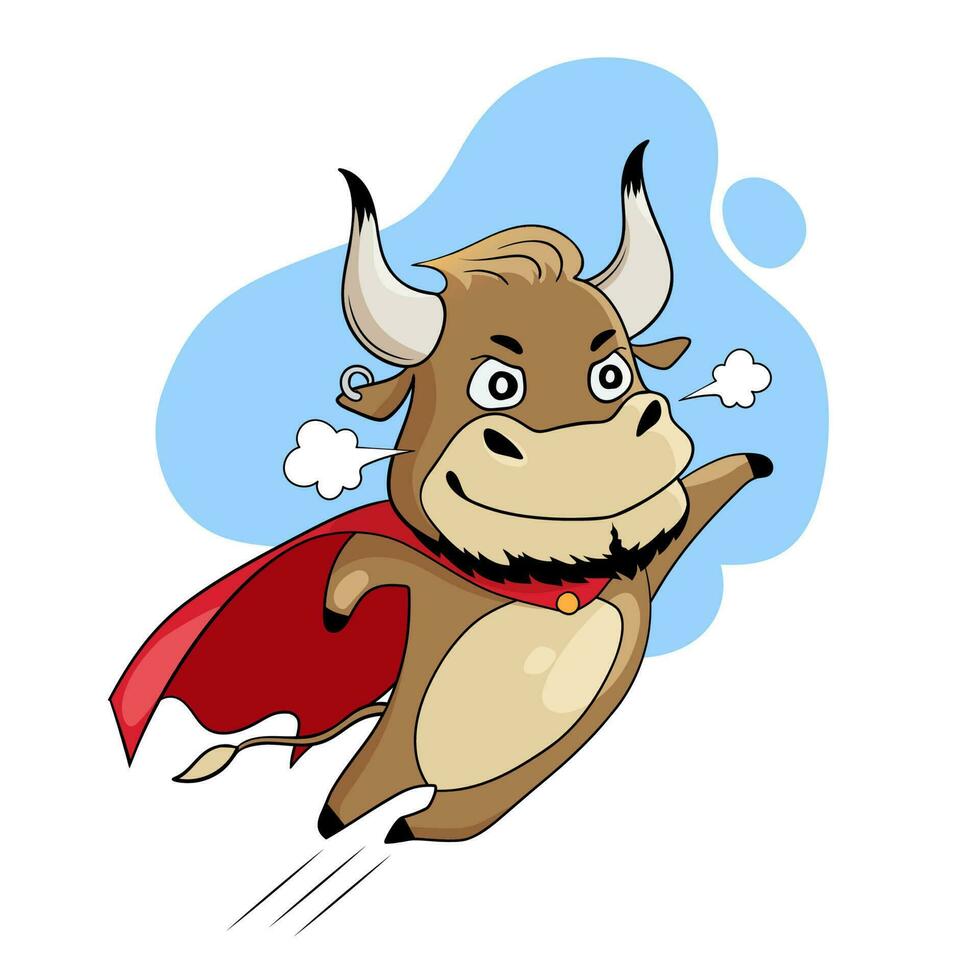 Cool bull flying in a red superhero cape. Cartoon vector illustration