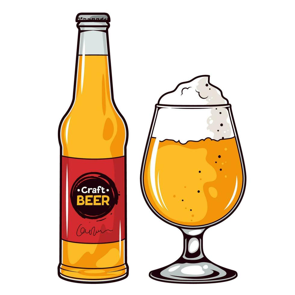 Beer bottle and glass. Vector illustration on white background