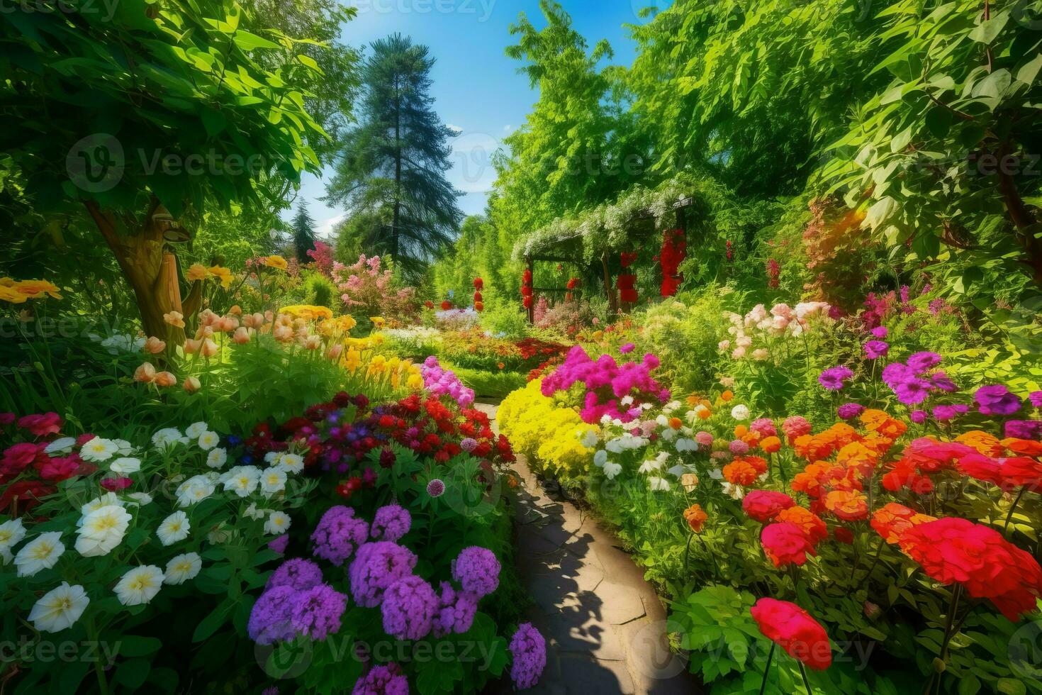Paradise garden flowers. Generate Ai photo