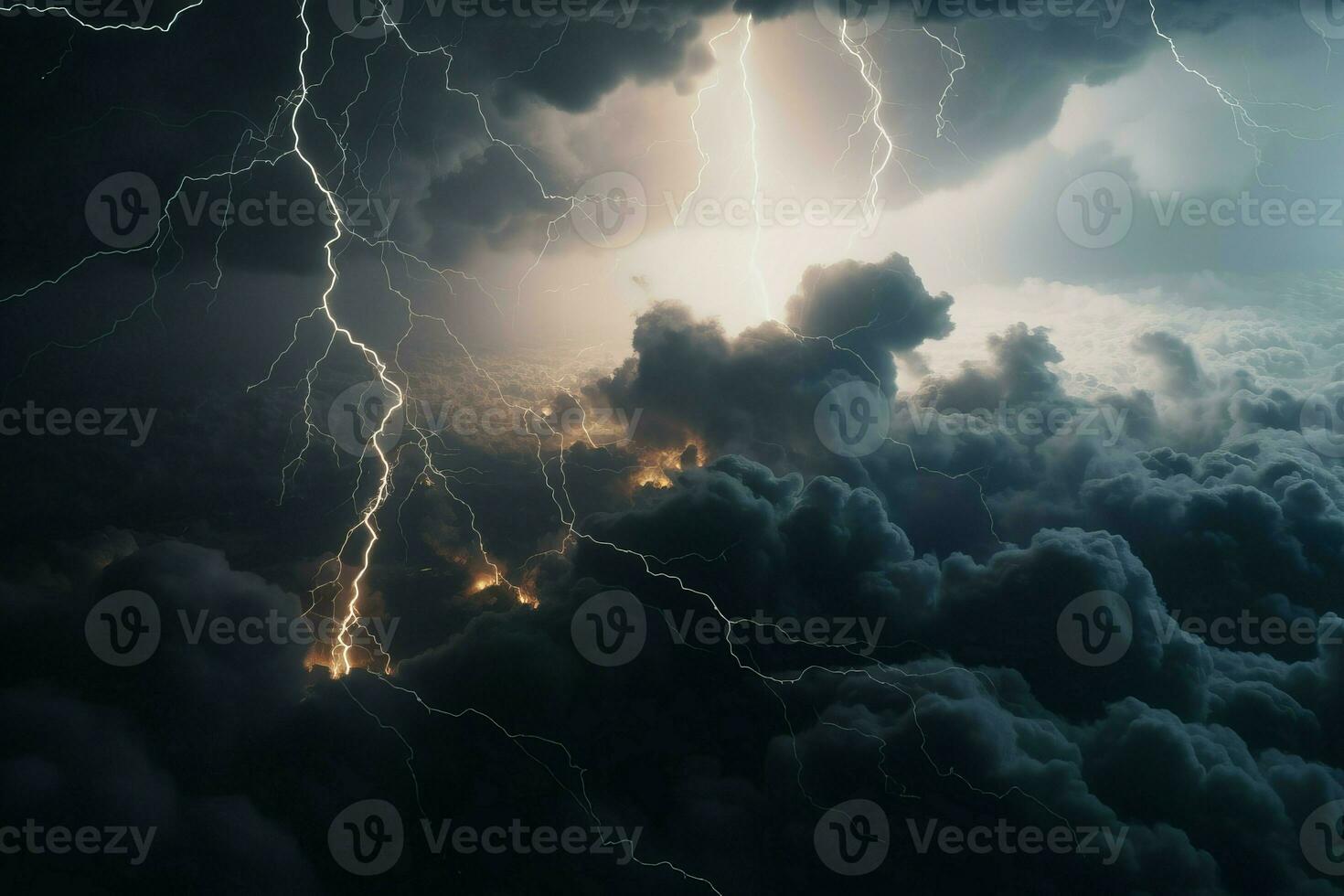 Thunder sky lights clouds. Generate Ai photo