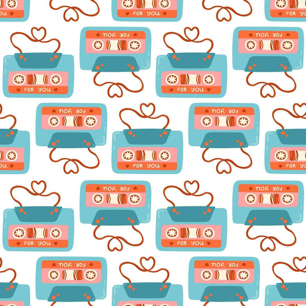Stereo cassette with stickers of hearts and text for you vector seamless pattern. Valentine's Day Audio cassettes of love Romantic texture background