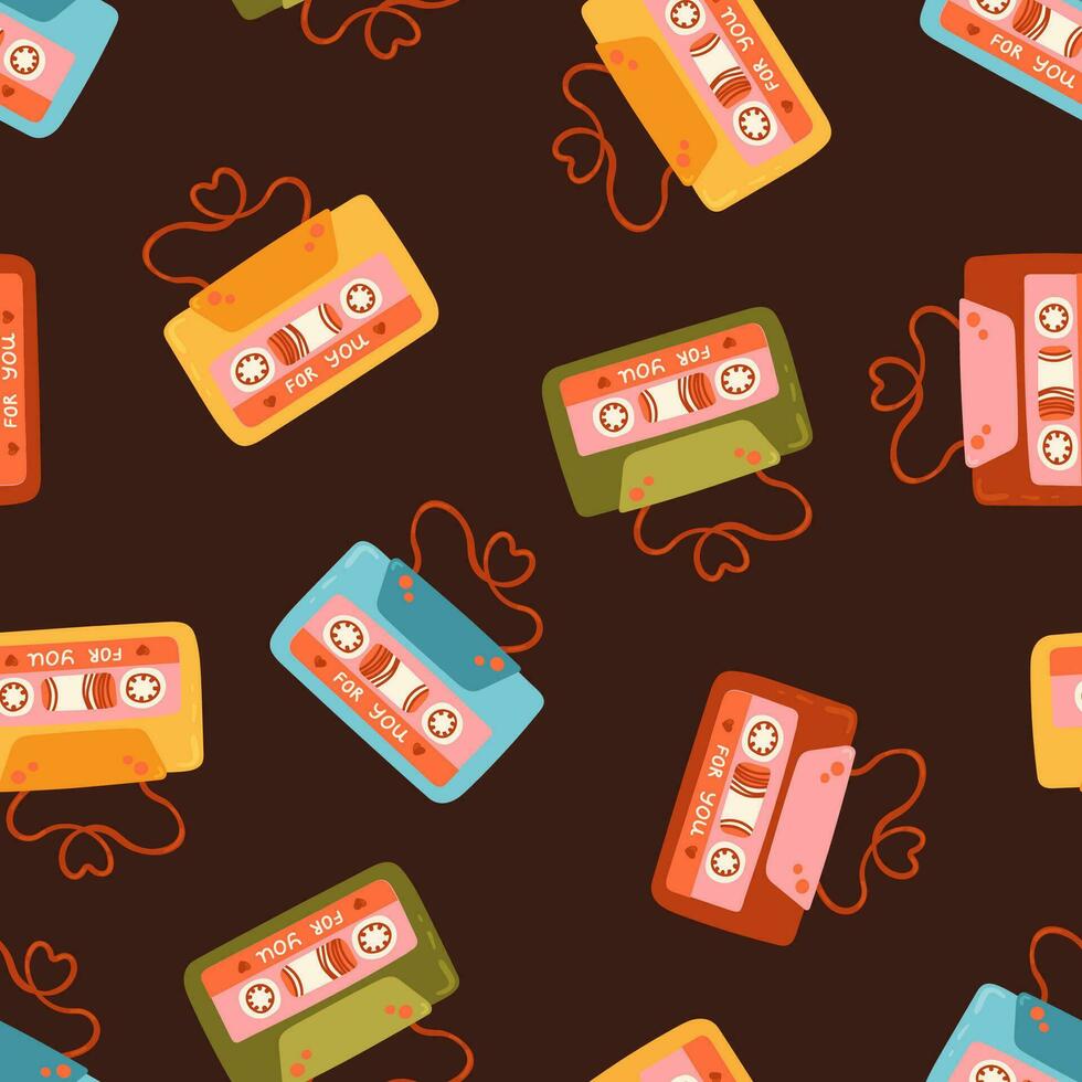 Stereo cassette with stickers of hearts and text for you vector seamless pattern. Valentine's Day Audio cassettes of love Romantic texture background