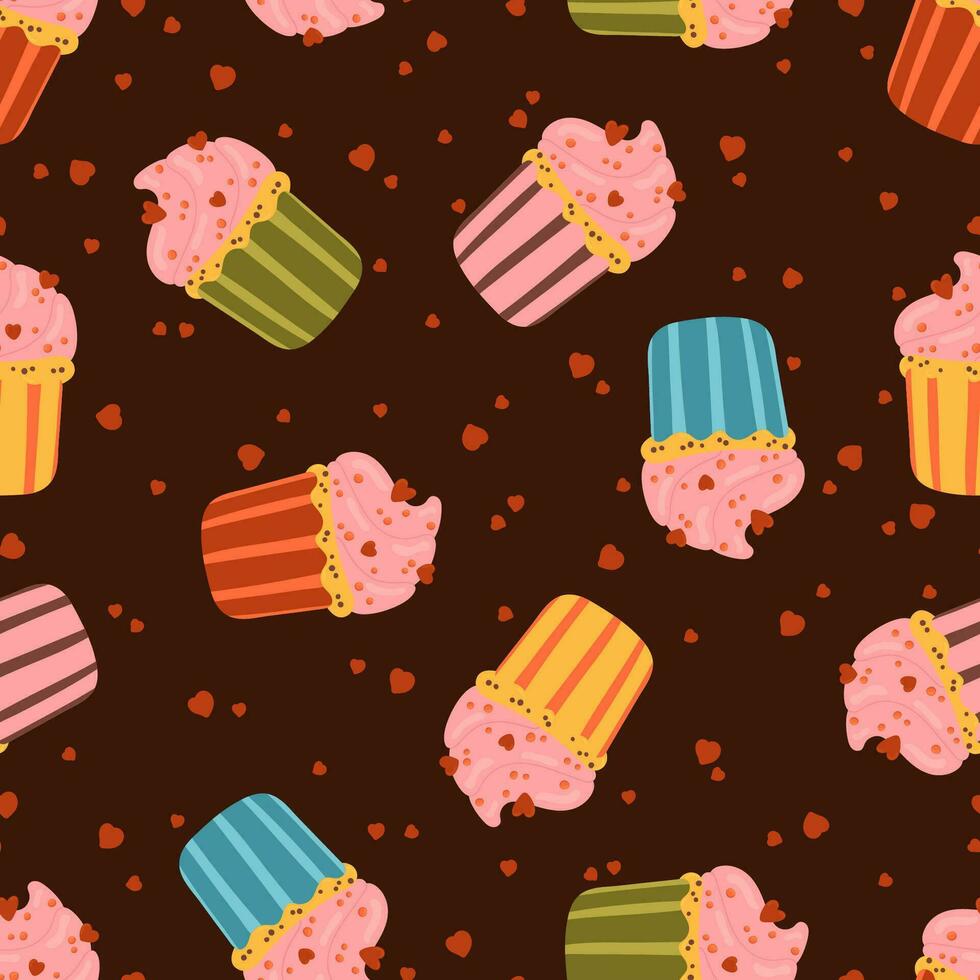 Cupcake with cream vector seamless pattern. Muffin with hearts texture. Romantic Valentine's day dessert background