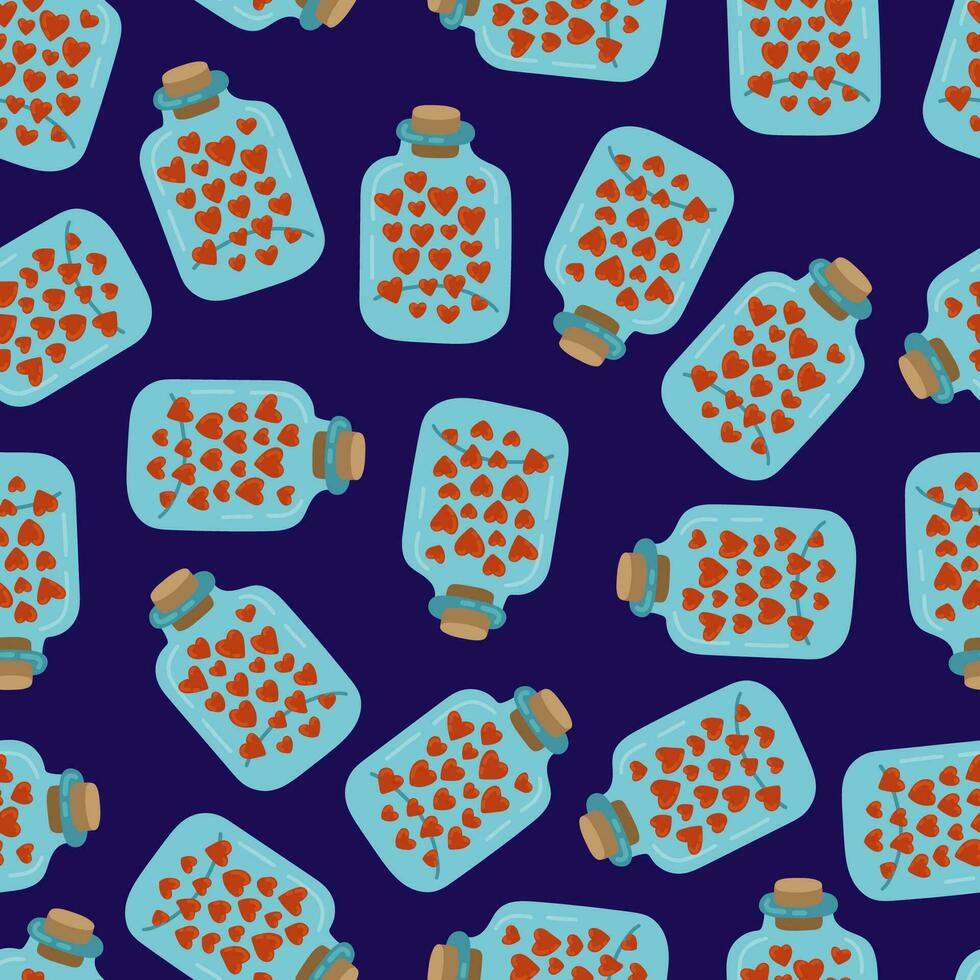 Cartoon glass jar filled with heart vector seamless pattern. Love and valentine's day Romantic texture background