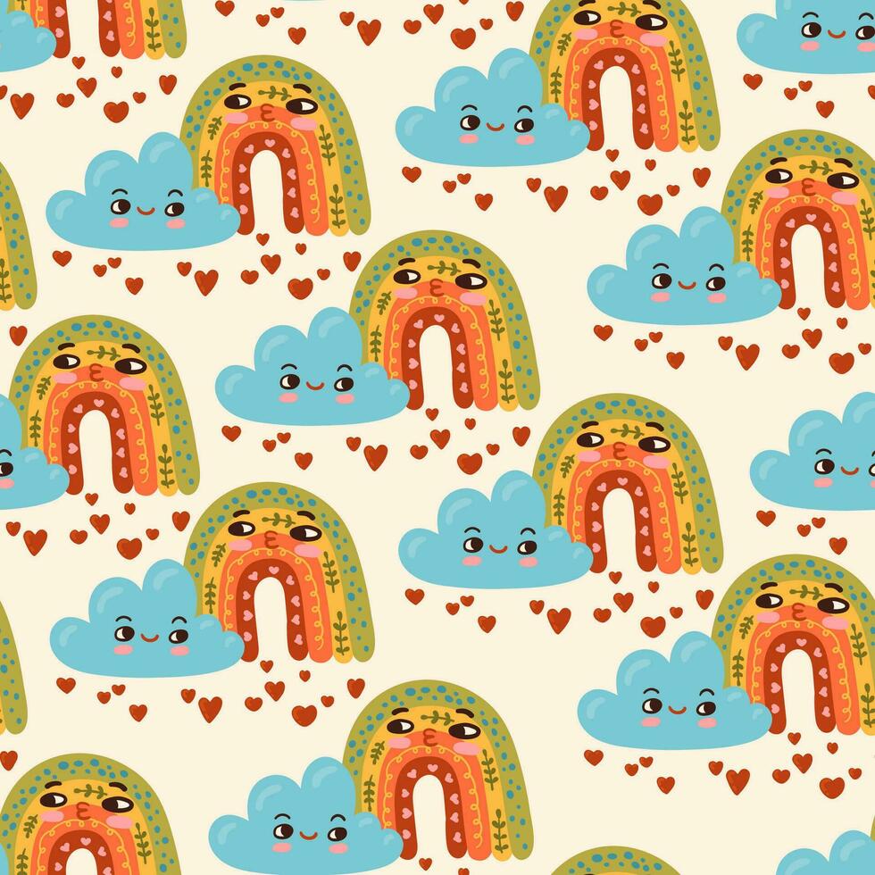 Valentines Day love couple cloud and rainbow vector seamless pattern. Cute cartoon kawaii Romantic texture background