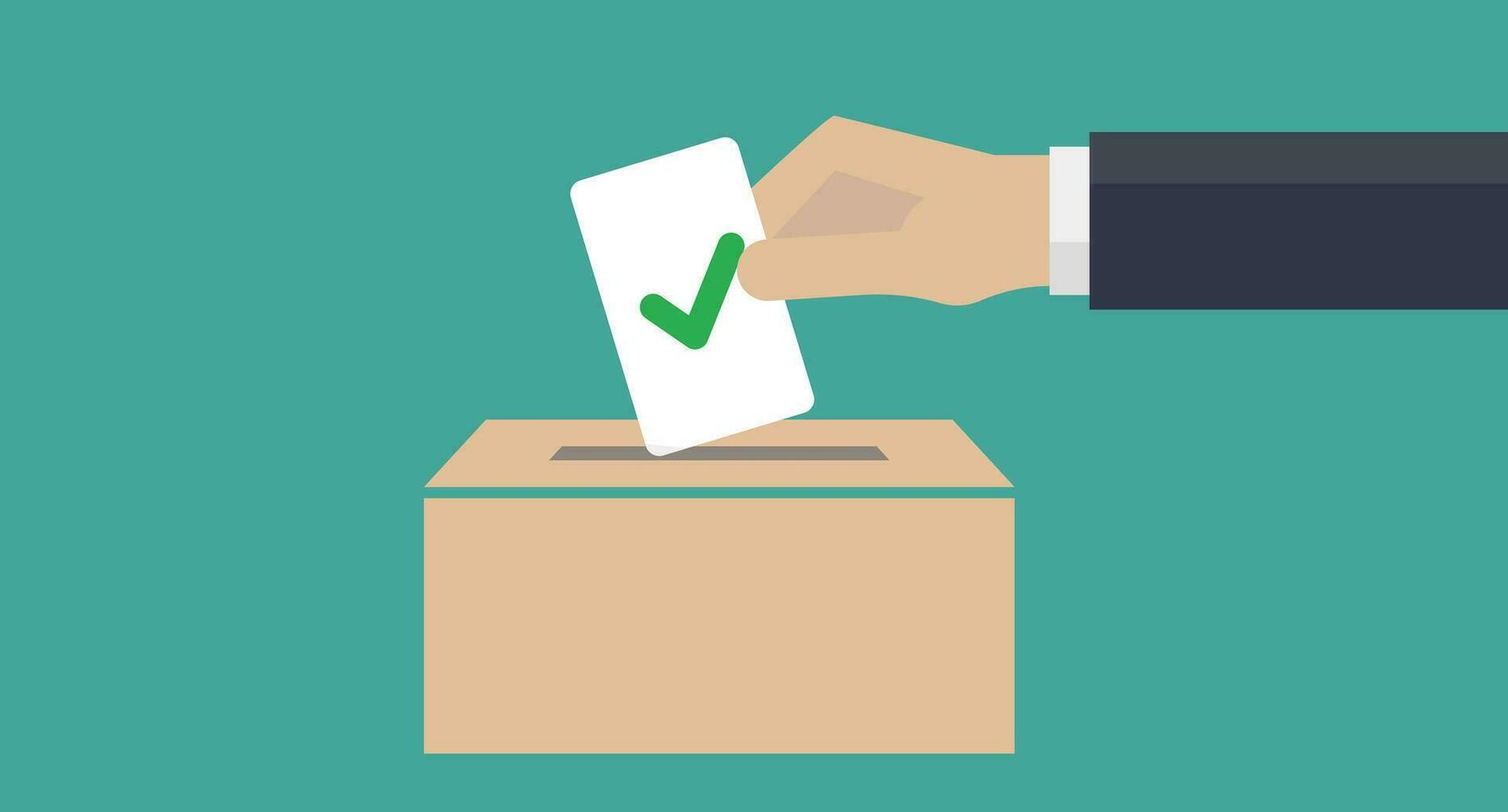 Man's hand placing a ballot with a check mark in the ballot box. Vote. Politics and election. Vector. vector