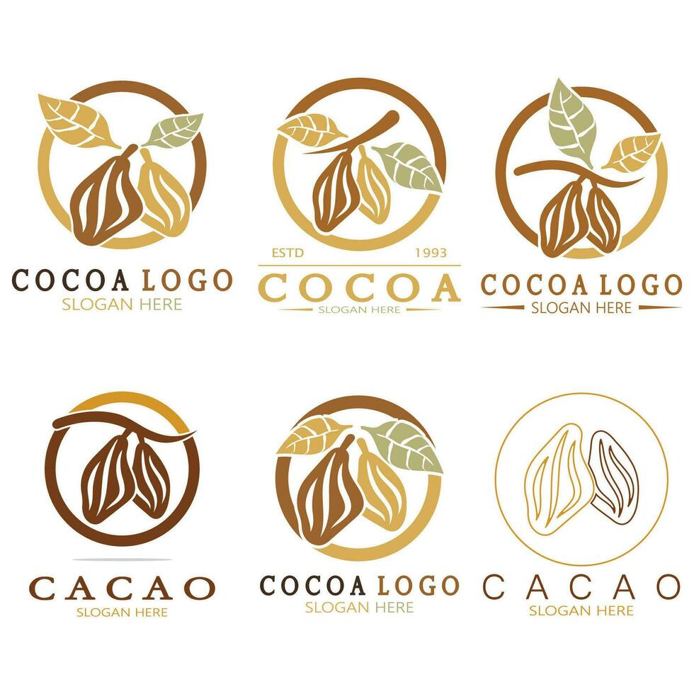 cocoa logo,cocoa bean,cocoa tree,cocoa branches and leaves,chocolate mix on white background,vintage,modern,simple,minimalist icon illustration template design vector