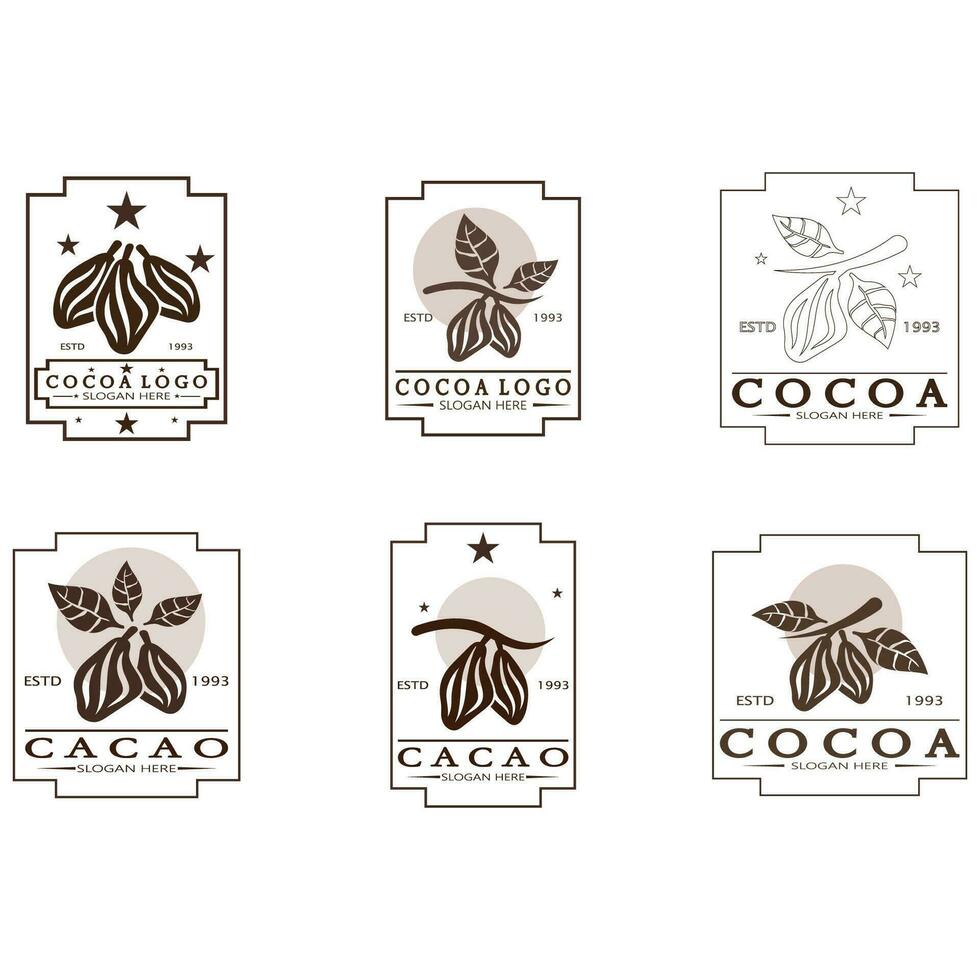 cocoa logo,cocoa bean,cocoa tree,cocoa branches and leaves,chocolate mix on white background,vintage,modern,simple,minimalist icon illustration template design vector