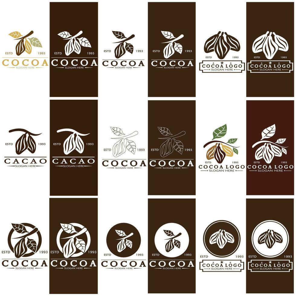 cocoa logo,cocoa bean,cocoa tree,cocoa branches and leaves,chocolate mix on white background,vintage,modern,simple,minimalist icon illustration template design vector