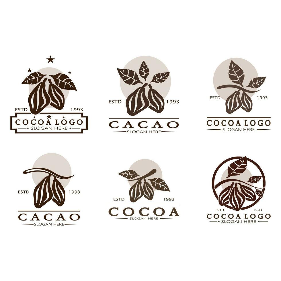 cocoa logo,cocoa bean,cocoa tree,cocoa branches and leaves,chocolate mix on white background,vintage,modern,simple,minimalist icon illustration template design vector