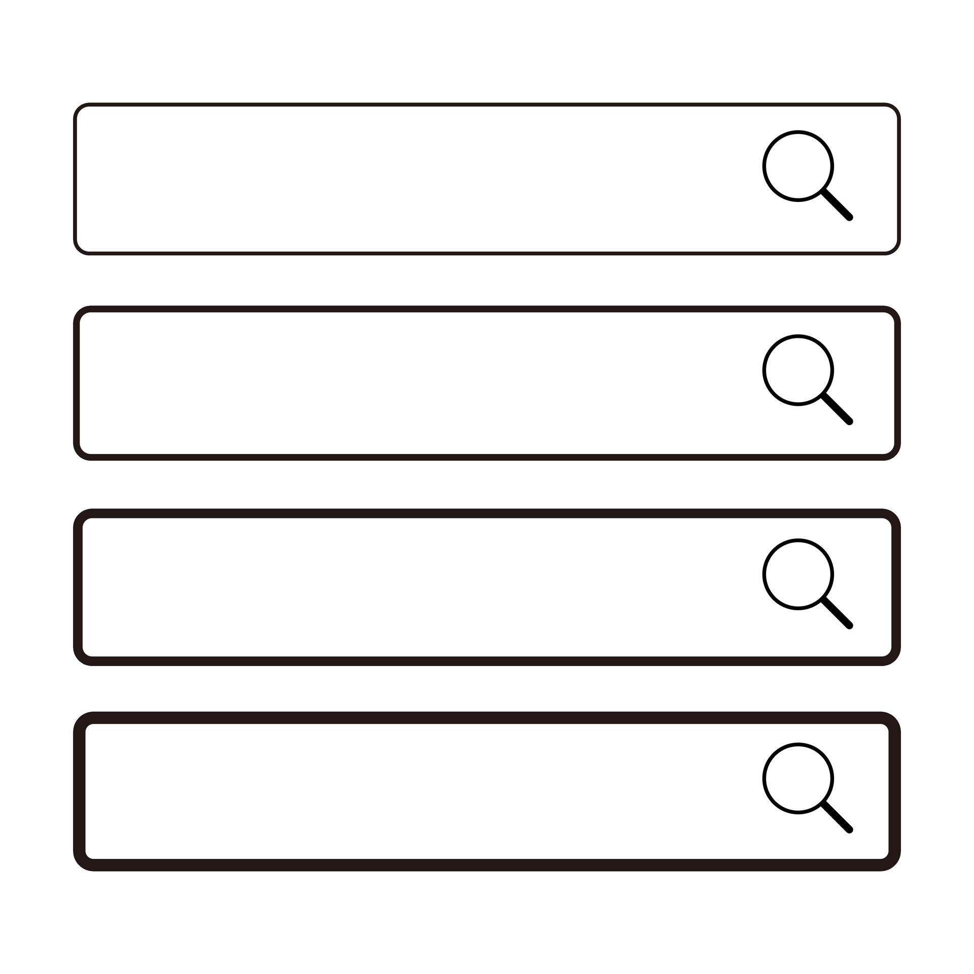 Search box icon set with different line thicknesses. and web