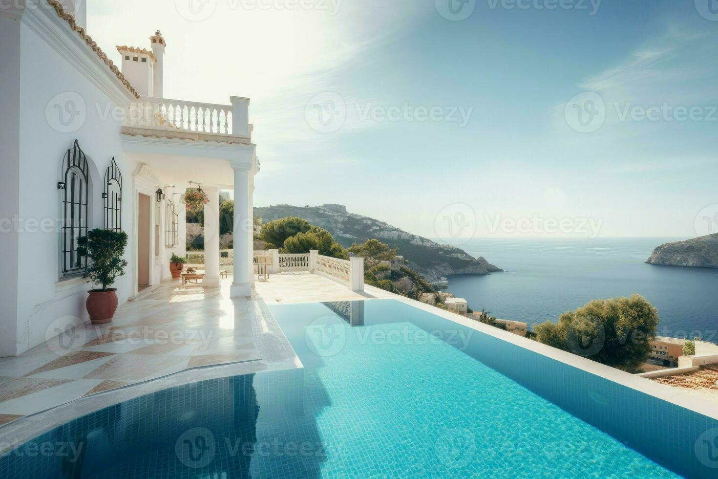 Mediterranean pool view. Generate Ai photo