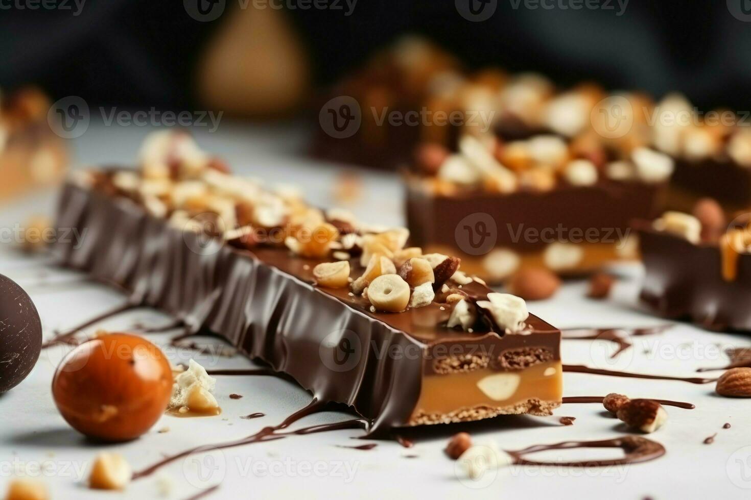 Chocolate bars caramel nuts. Generate Ai photo