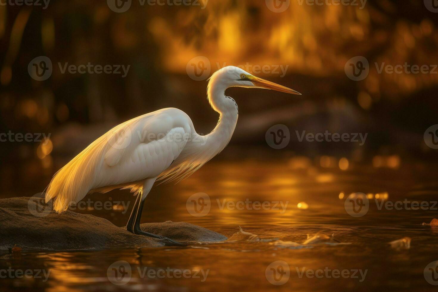 garza lago puesta de sol. generar ai foto