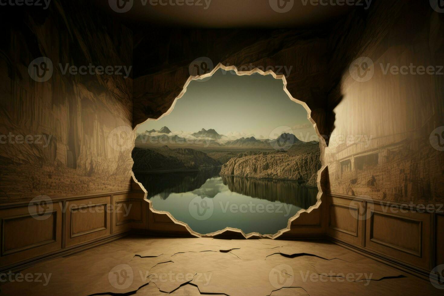 Wall hole landscape illusion. Generate Ai photo