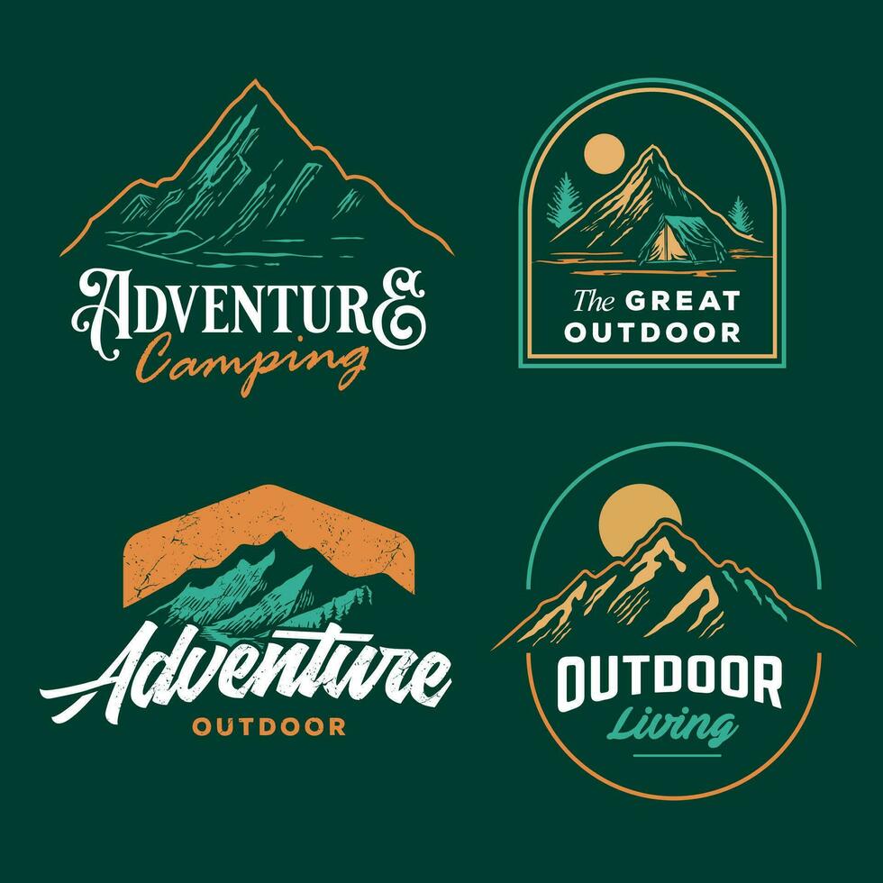 set collection of vintage adventure badge. Camping emblem logo with mountain illustration in retro hipster style. vector