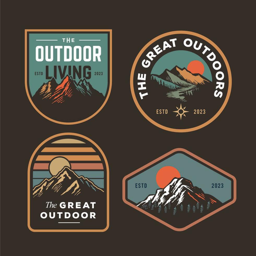 set collection of vintage adventure badge. Camping emblem logo with mountain illustration in retro hipster style. vector