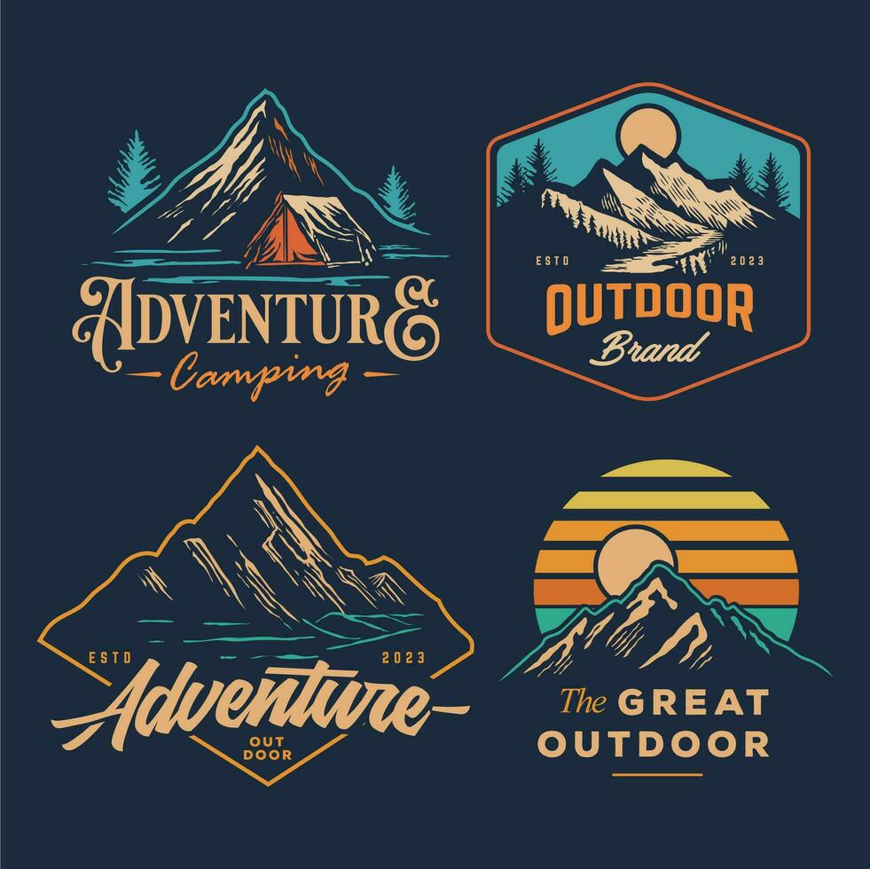 set collection of vintage adventure badge. Camping emblem logo with mountain illustration in retro hipster style. vector