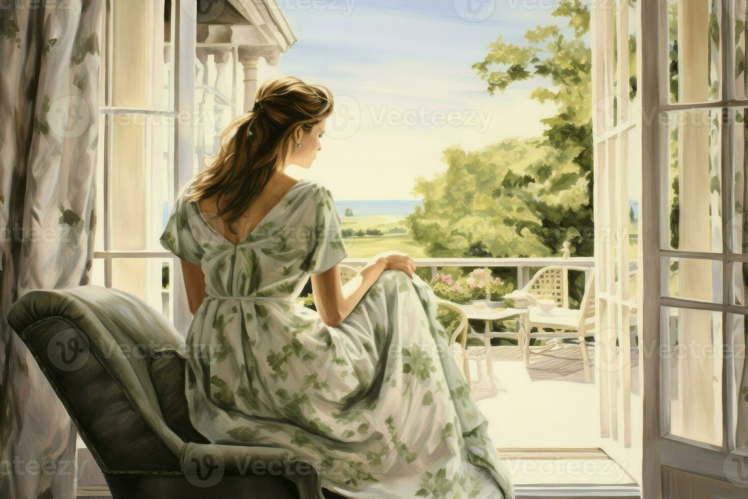 Woman relaxing home balcony. Generate Ai photo