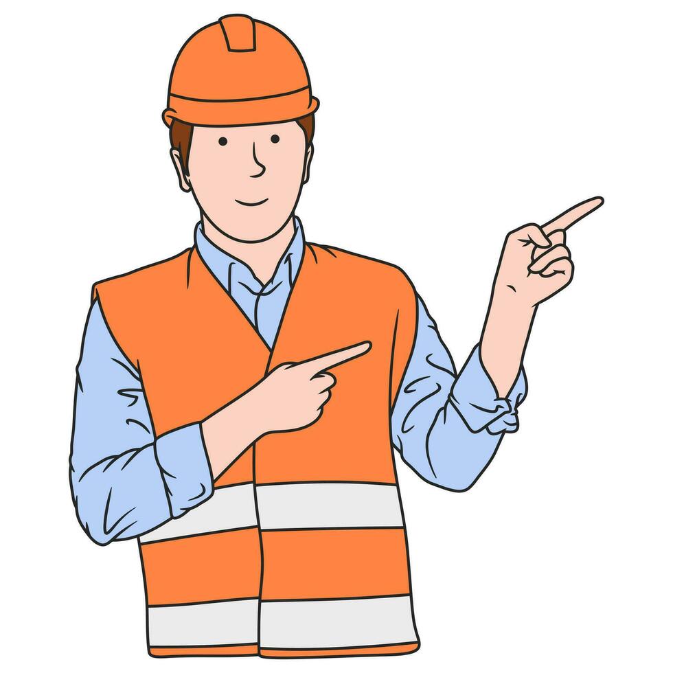 Cartoon illustration of construction worker pointing pose vector