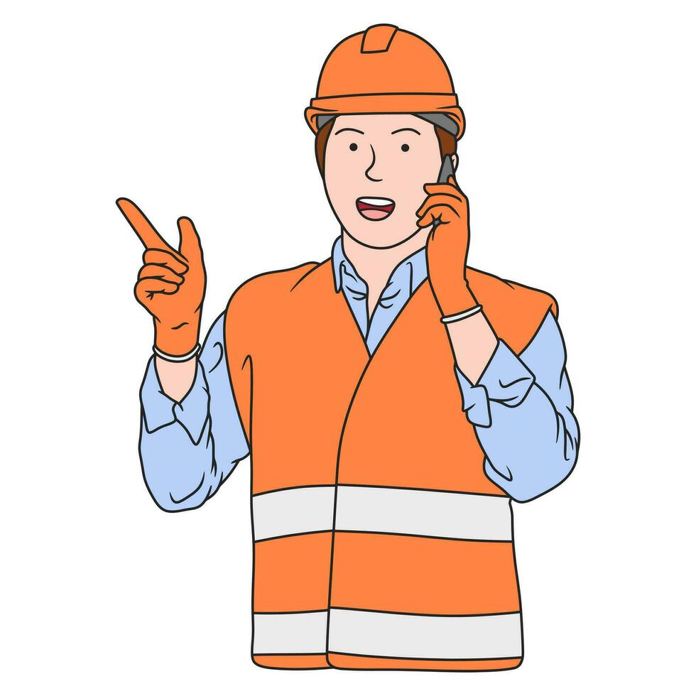 ilustración de un construcción trabajador posando en un teléfono llamada vector