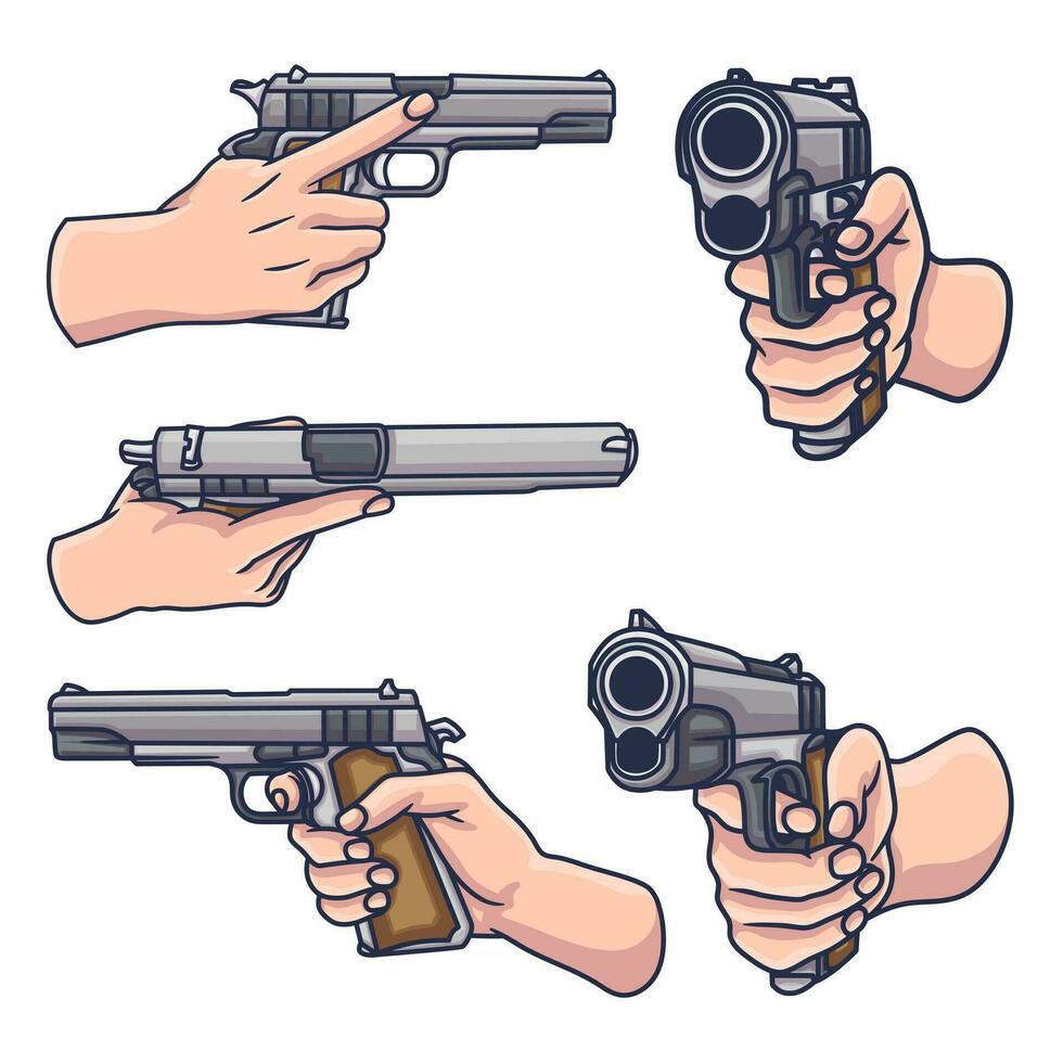 Free vector bundle various poses hand holding gun cute design hand drawing style