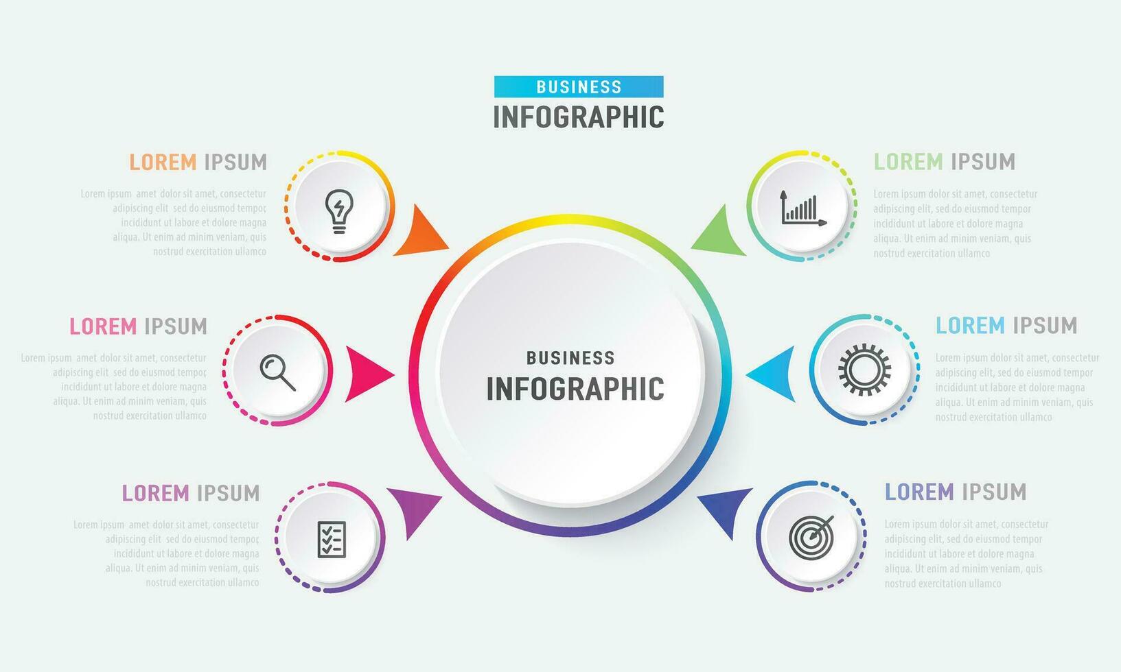 infografía 6 6 elemento con centrar circulo gráfico gráfico diagrama negocio cronograma gráfico diseño brillante arco iris color con íconos vector