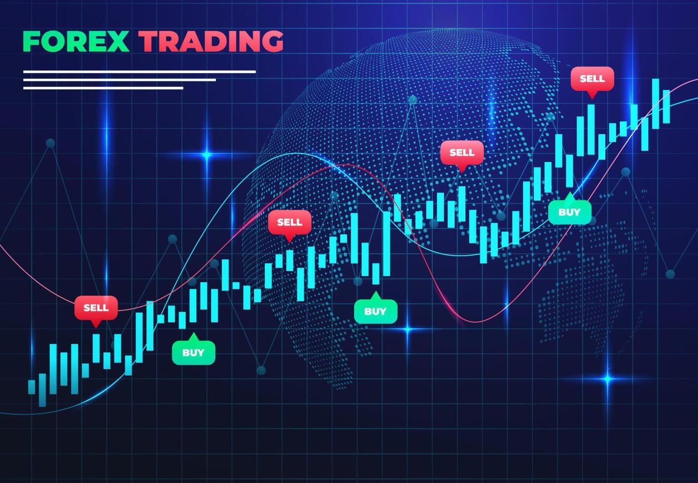 Forex Trading Chart Candlestick Buy and Sale Action Digital Globe Background Wallpaper vector