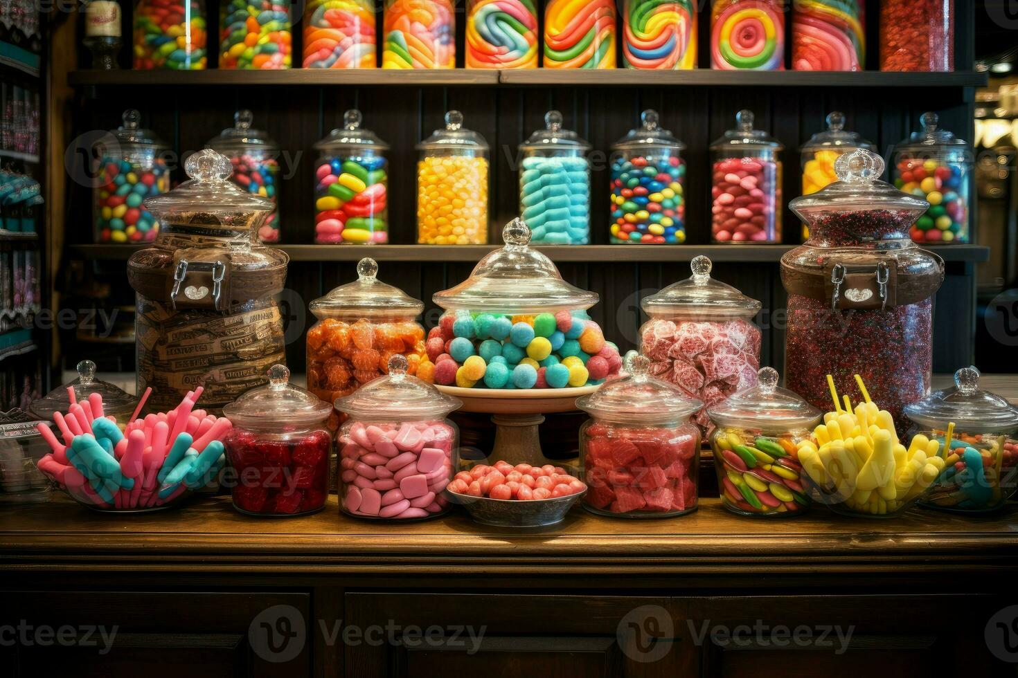 Candy store shelfs. Generate Ai photo