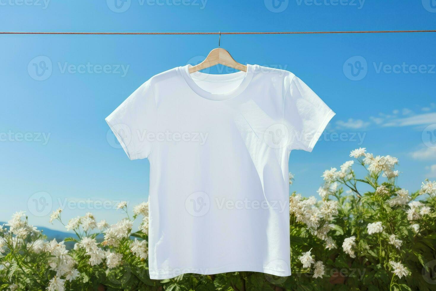 blanco camiseta colgar cuerda en cielo. generar ai foto