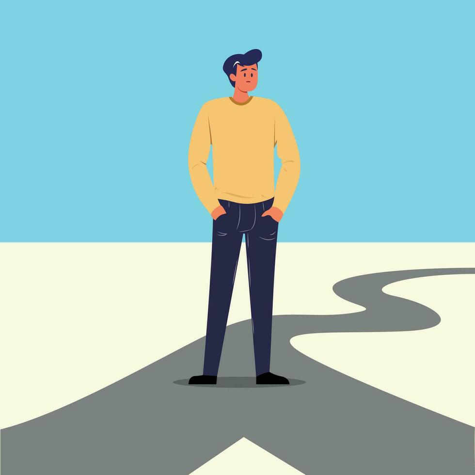 Man standing at crossroads vector illustration , choice concept , man standing at a Y junction flat style stock vector image