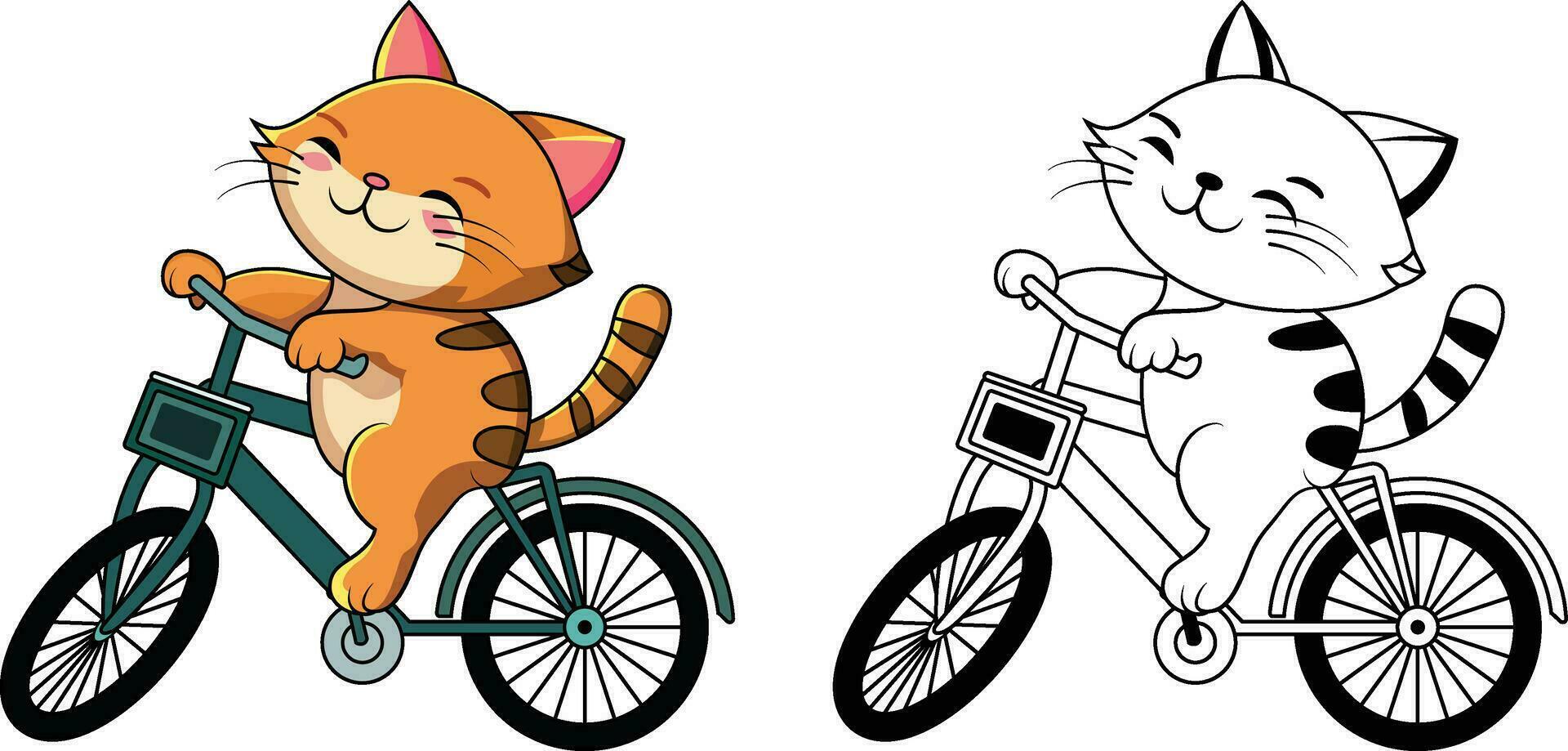 linda gato montando un bicicleta dibujos animados vector ilustración, contento gato en un empujar bicicleta de colores y negro y blanco vector imagen