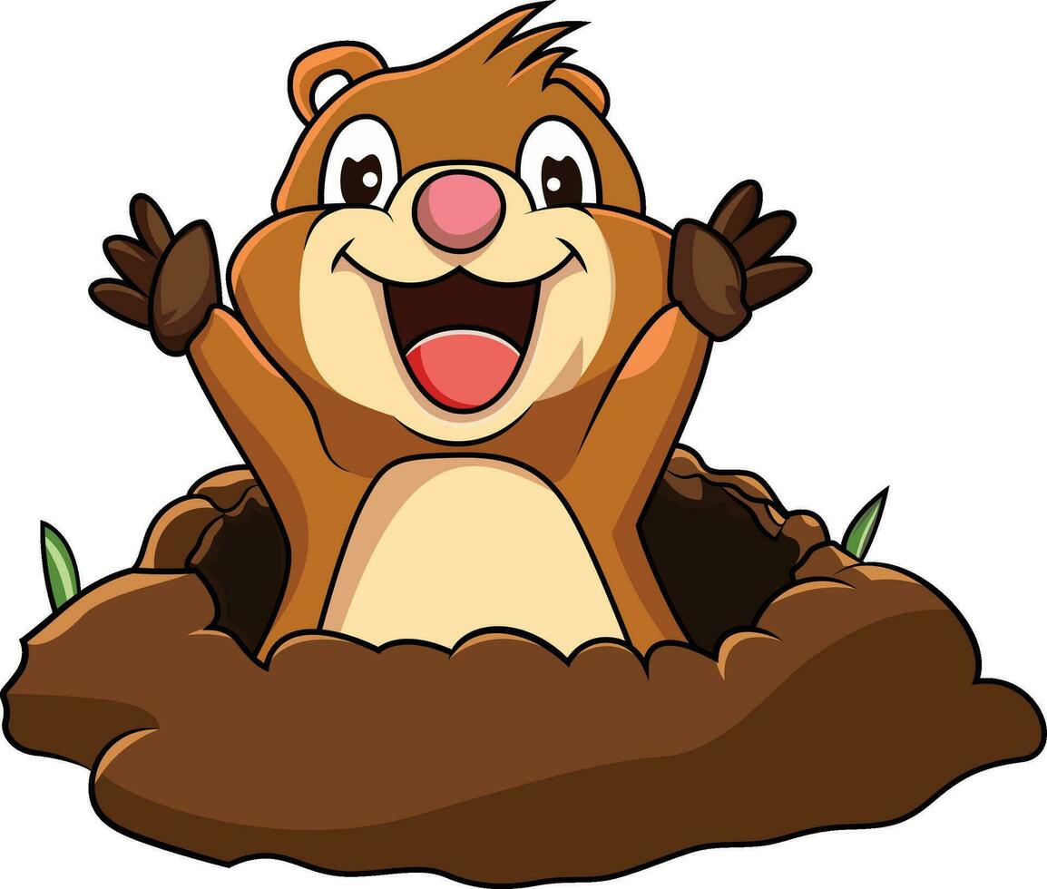 Happy beaver coming out of soil cartoon vector illustration , cute otter , muskrat or mink digging soil cartoon mascot vector image