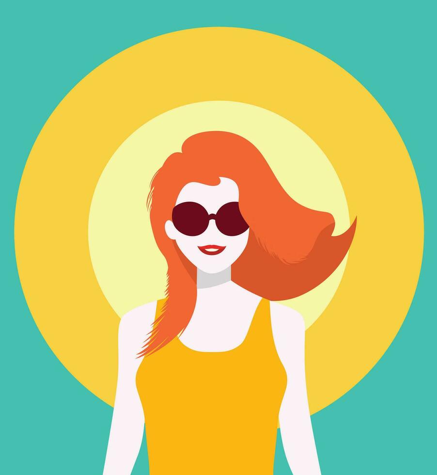 Hot summer girl in a background of bright sun stock vector illustration, Read haired girl with sunglasses in summer clothes flat style stock vector image