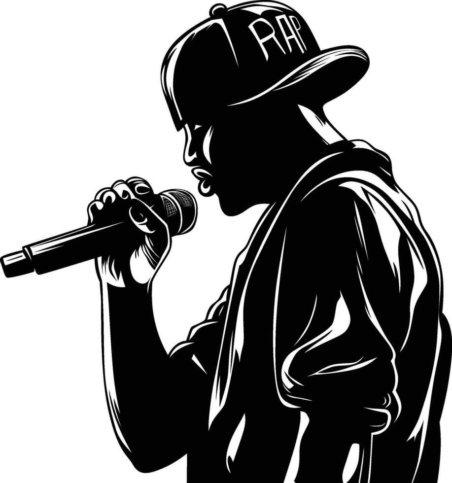 cadera salto cantante o rapero canto vector ilustración, cadera salto rap artista desgasteubg un sombrero y participación un mic negro y blanco vector imagen