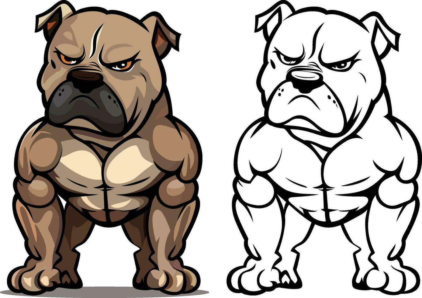 enojado pitbull perro dibujos animados mascota vector ilustración , infeliz muscular pitbull o americano matón perro vector imagen de colores y negro y blanco versión