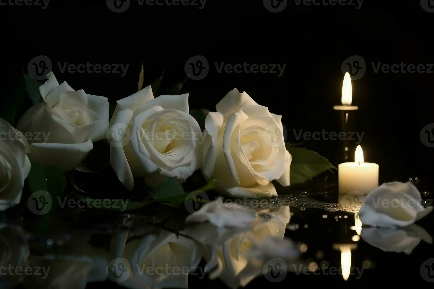 White roses burning candles light. Generate Ai photo