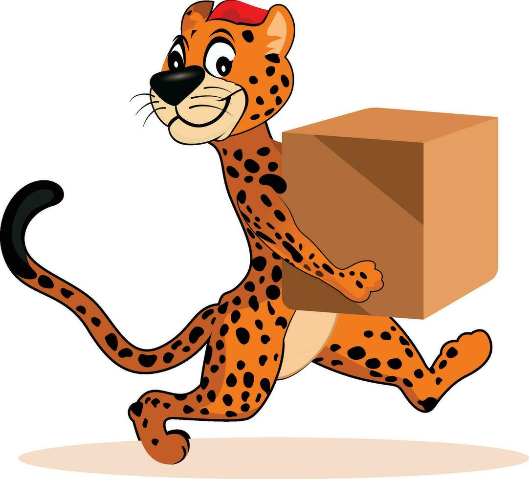 leopardo como un entrega mensajero dibujos animados mascota vector ilustración, leopardo el mundos lo más rápido animal entregando un caja vector imagen