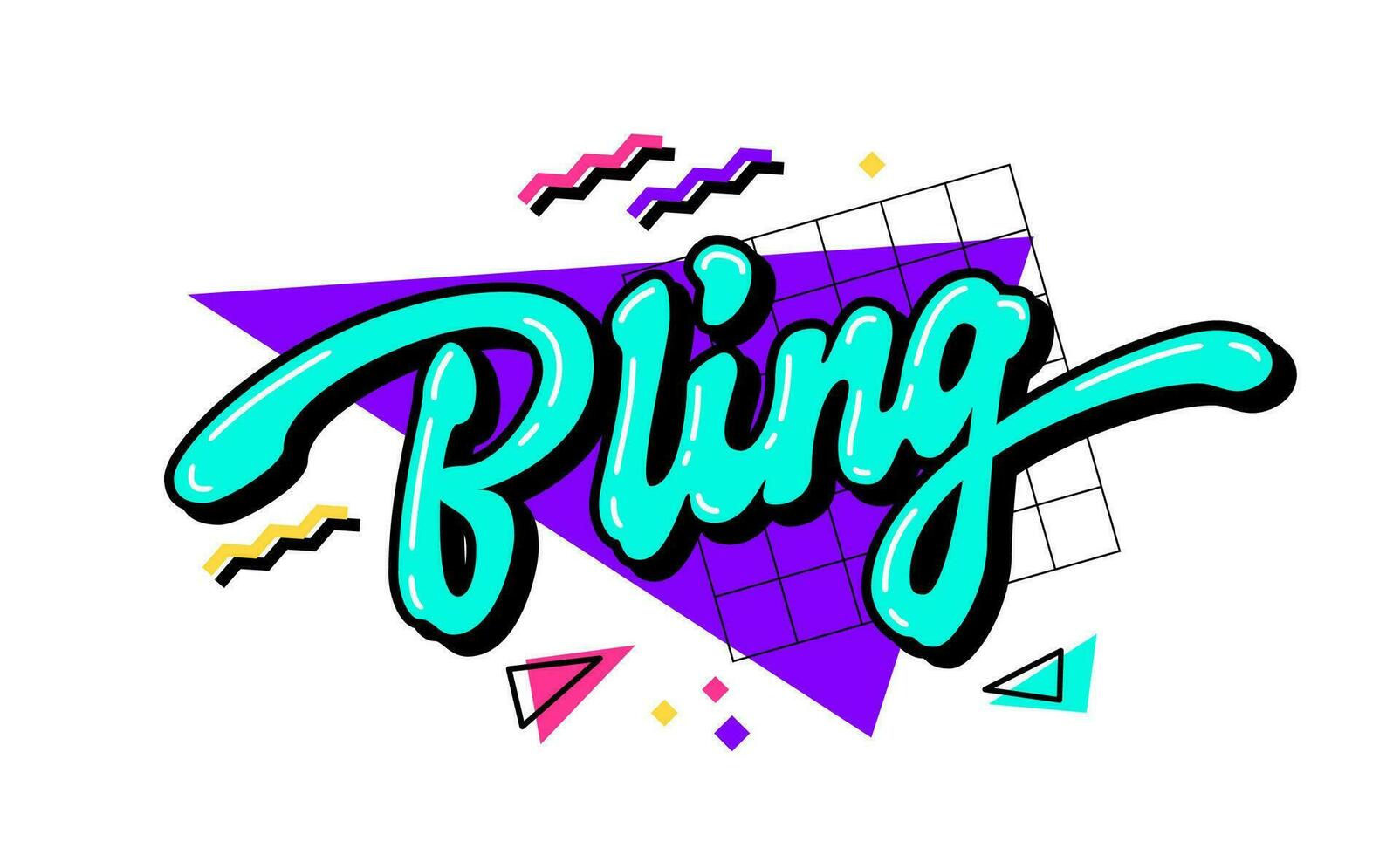 Bling - Bold calligraphy, vivid lettering 90s slang phrase. Isolated fun quote illustration for any purposes. Design element with creative typography on a bright, geometric-shaped background. vector