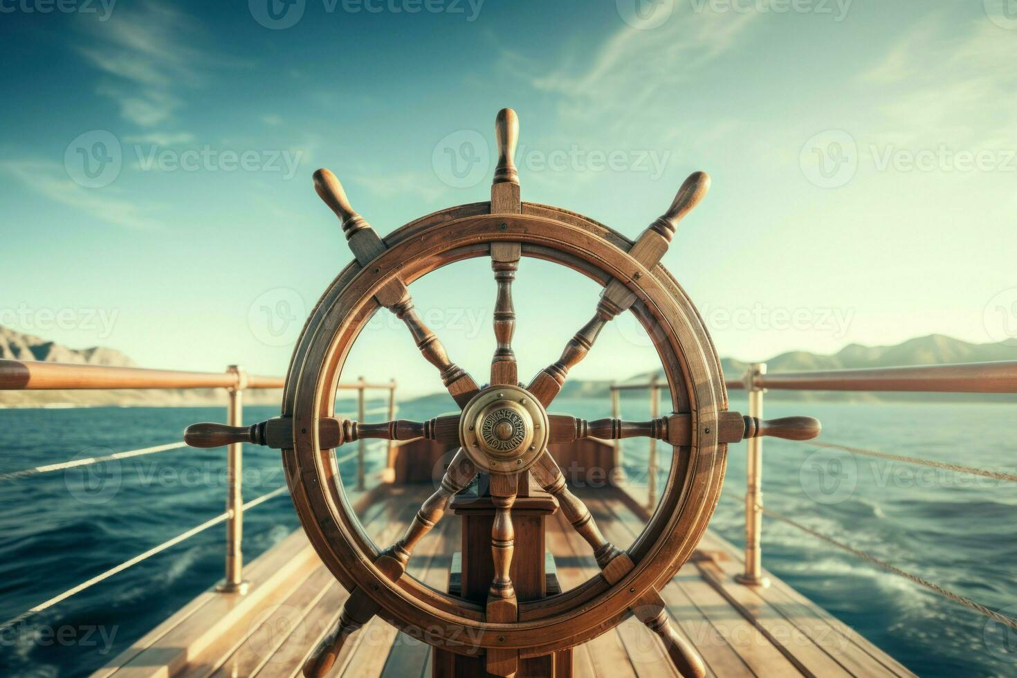 Wood steering ship sea cruise. Generate Ai photo