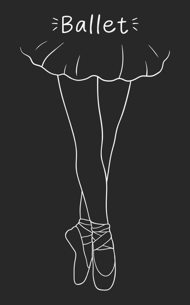 Elegant dancing ballerina legs in pointed. Vector line art illustration on black background