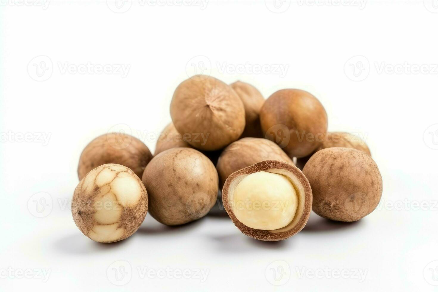 Macadamia nuts white background. Generate Ai photo