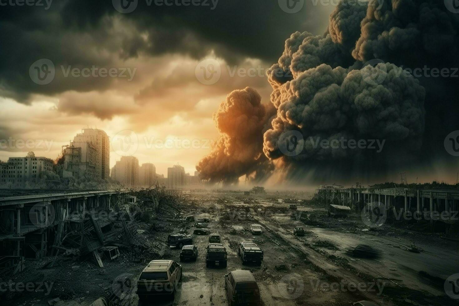 Apocalyptic scene smoke. Generate Ai photo