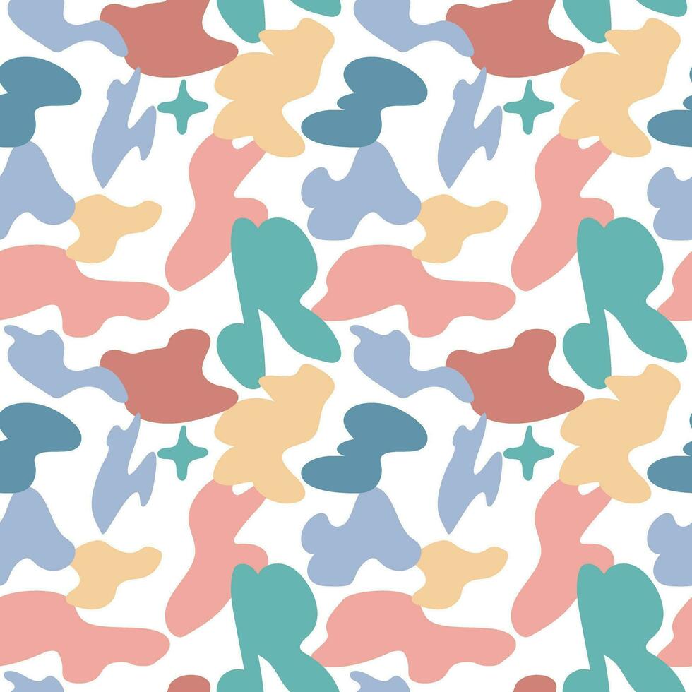 Seamless pattern multicolored abstract spots, memphis style, 90s. Abstract texture, stains, blots, drops. Bright vector illustration for wrapping paper design, fabric print, nursery wallpaper
