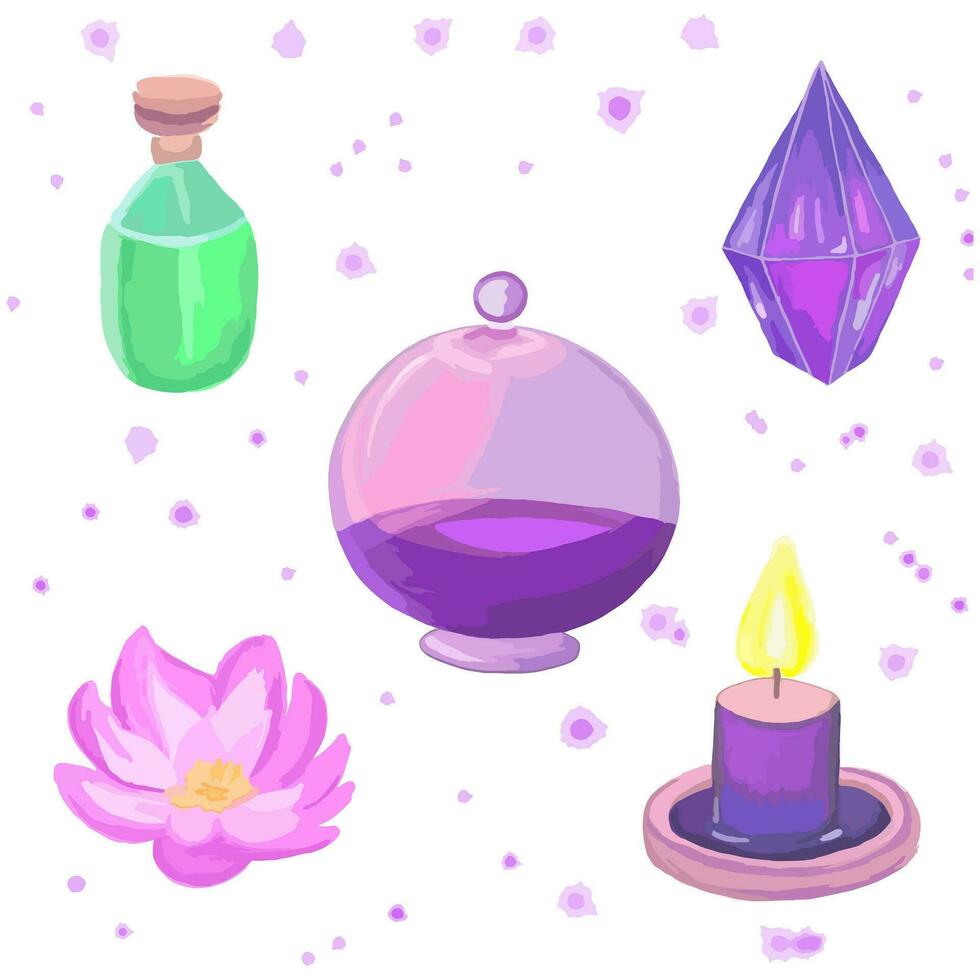 Set of magical things purple glass flask, crystal, candle, flower, green vial with potion. Magic elixir. Witch attributes. Alchemy. Vector