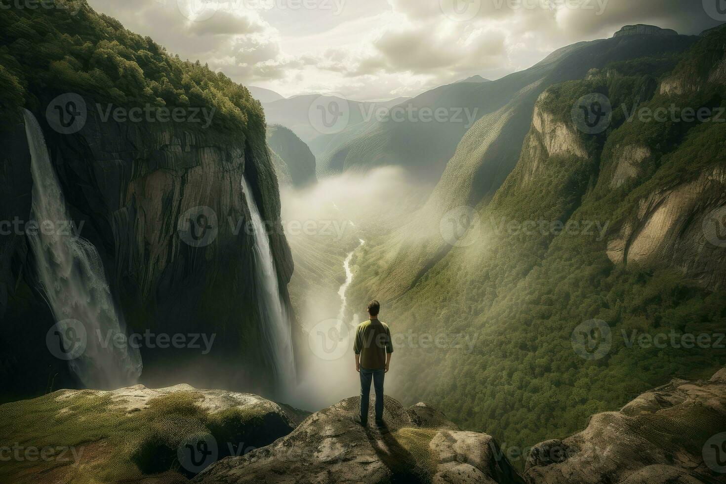 Waterfall man. Generate Ai photo