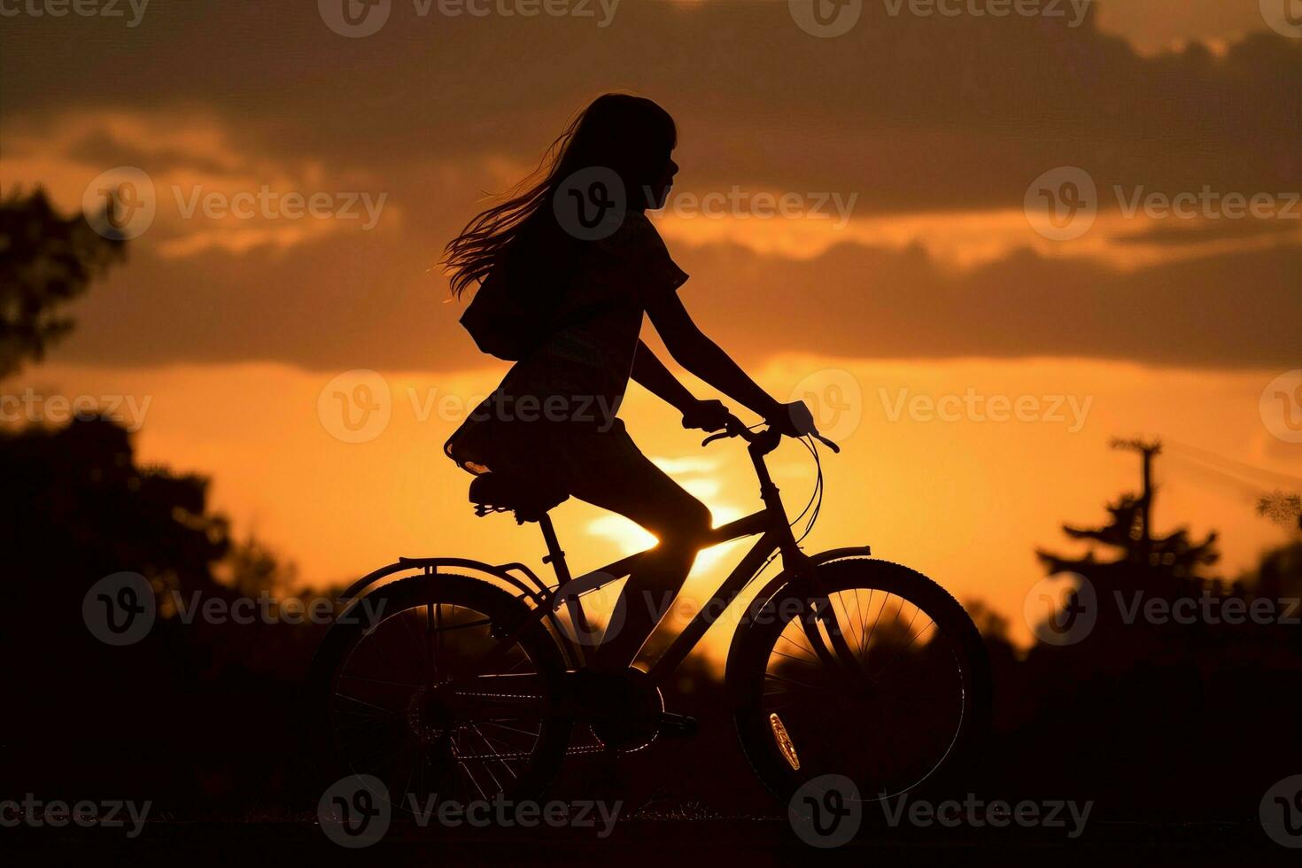 Girl ride bike sunset. Generate Ai photo