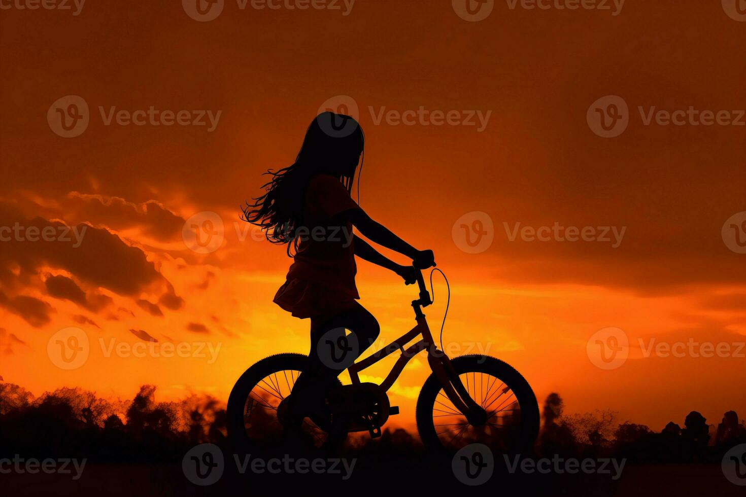 Girl ride bike sunset. Generate Ai photo