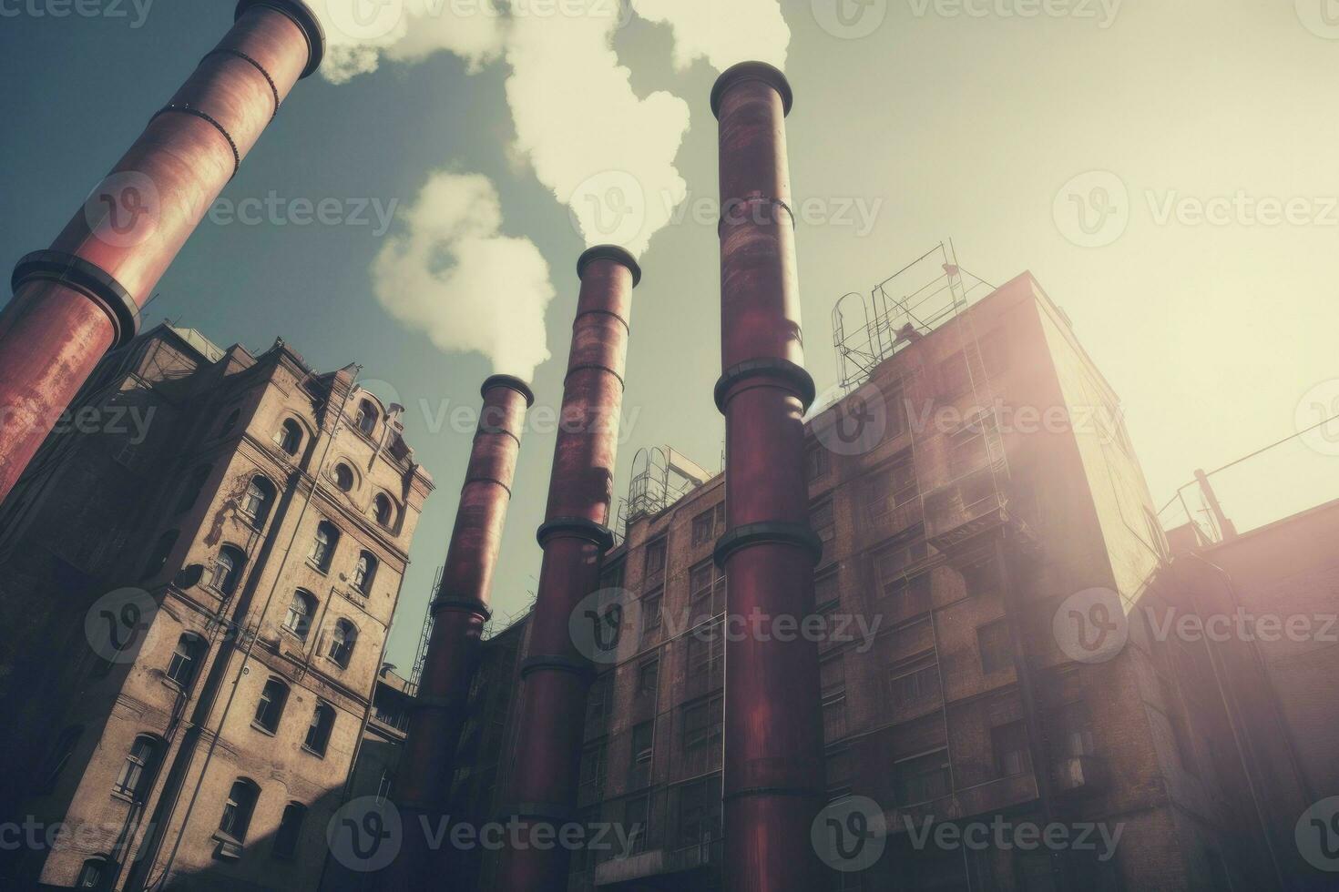 Smokestacks city sunset. Generate Ai photo